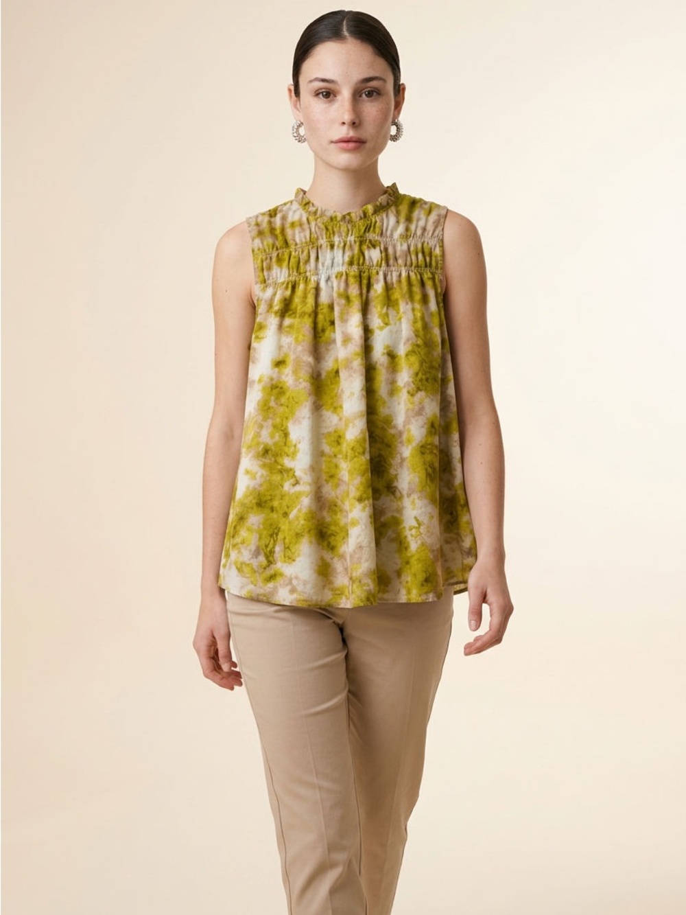 Joie Sleeveless Floral Print Smocked Yoke Top in Olive Green & Cream - Picture 3 of 3